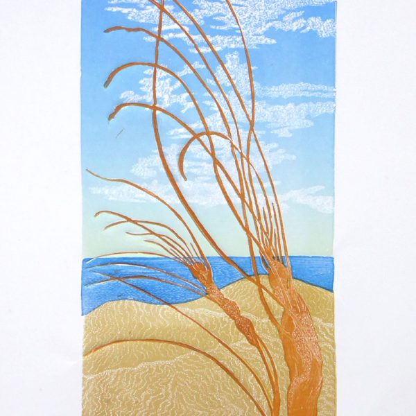 Colourful print of a beach scene, called 'Summer Breeze', by Allan Gale