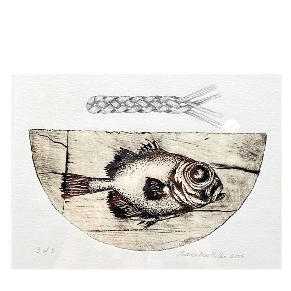 Art print with fish and flax weaving by Andrea Mae Miller.