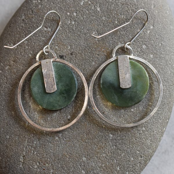 NZ Greenstone Disk Earrings With Large Silver Rounds