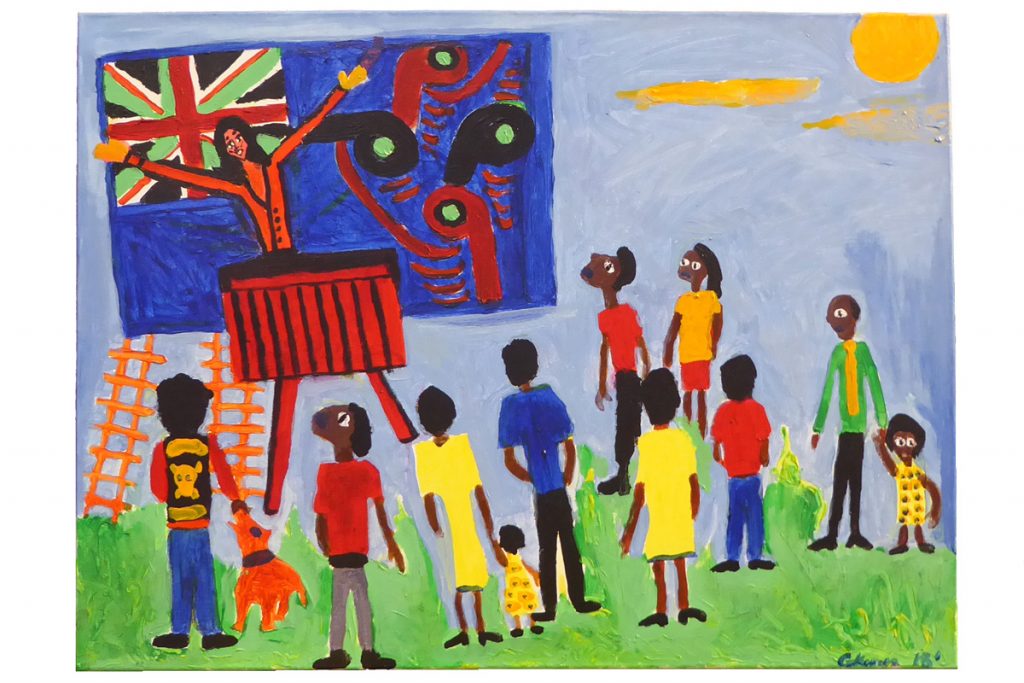 Colourful painting called 'Jacinda's Plan' by George Kiwara