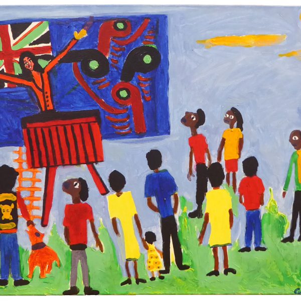 Colourful painting called 'Jacinda's Plan' by George Kiwara