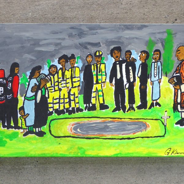 Brightly coloured painting called 'The Cost of Domestic Violence' by George Kiwara