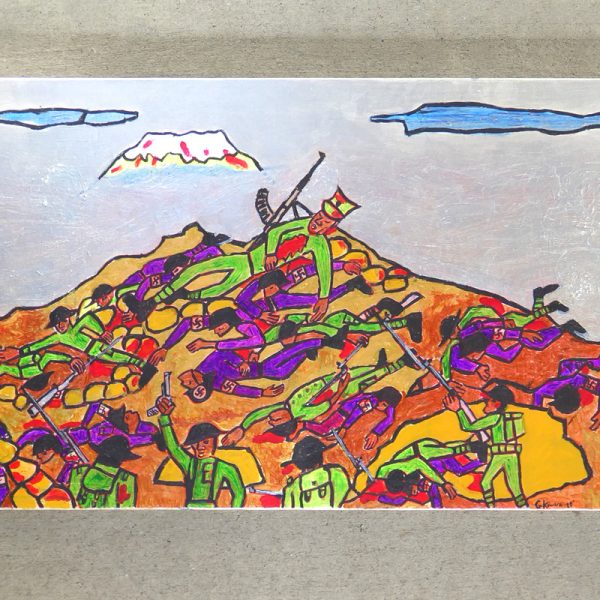 Brightly coloured painting called 'The Death of Ngarimu' by George Kiwara