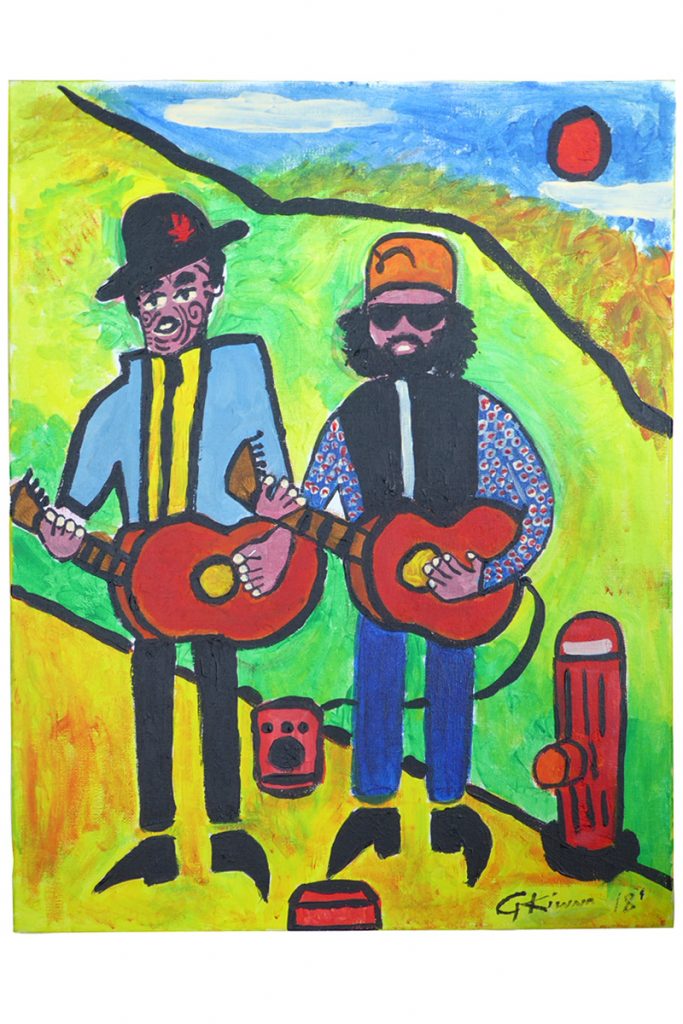 Brightly coloured painting called 'Busking In The Park' by George Kiwara