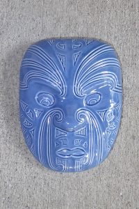 Blue ceramic maori mask by Michael Matchitt