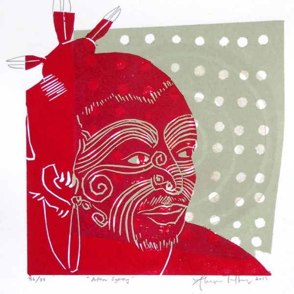 Red & green print of a tattooed maori tane or man by Sheyne Tuffery