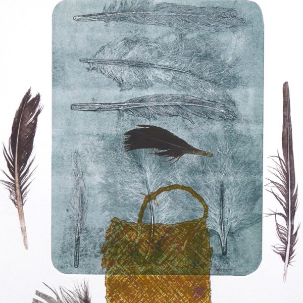 Print of a kete (basket) with feathers by Sheyne Tuffery