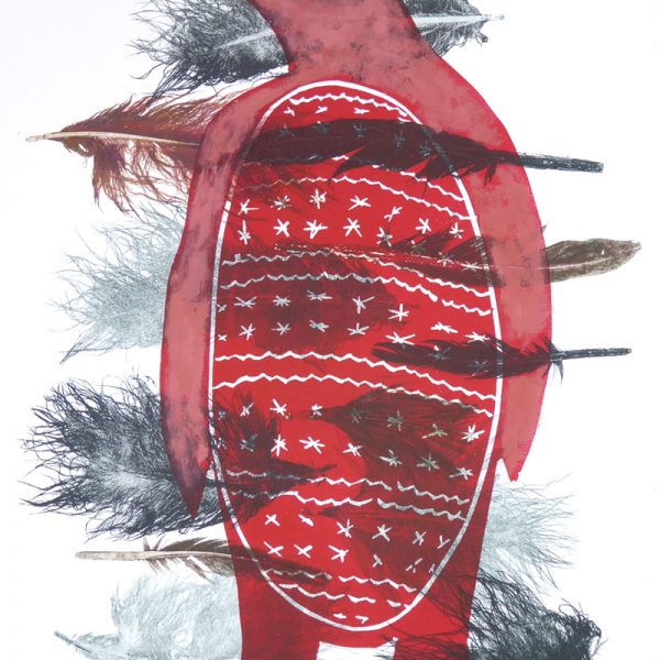 Woodblock print of a red penguin with feathers by Sheyne Tuffery