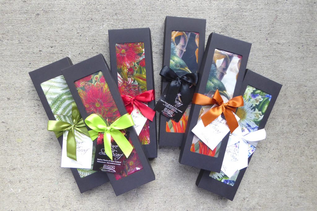 Pure silk scarves with NZ Flowers by Sue Wickison